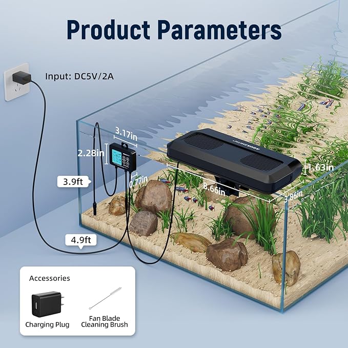 Aquarium Chiller Fan,Fish Tank Cooler with Temperature Control,Minimum Setting 59℉,Auto Start/Stop,Refrigeration Effect 5.4-9℉,3-Speed Modes,for Axolotl Seawater Freshwater Coral Grass Tank