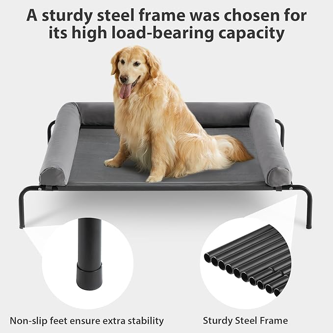 RRPETHOME Large Elevated Cooling Dog Bed, Raised Dog Cot Beds for Large Dogs, Elevated Outdoor Pet Cot, Chew Proof Portable Cooling Pet Cot with Skid-Resistant Feet and Breathable Mesh
