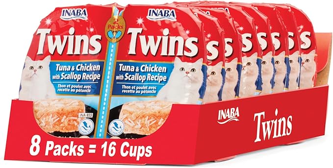INABA Twins for Cats, Side Dish/Topper Cups, 1.23 Ounces per Serving, 16 Servings, Tuna & Chicken with Scallop Recipe
