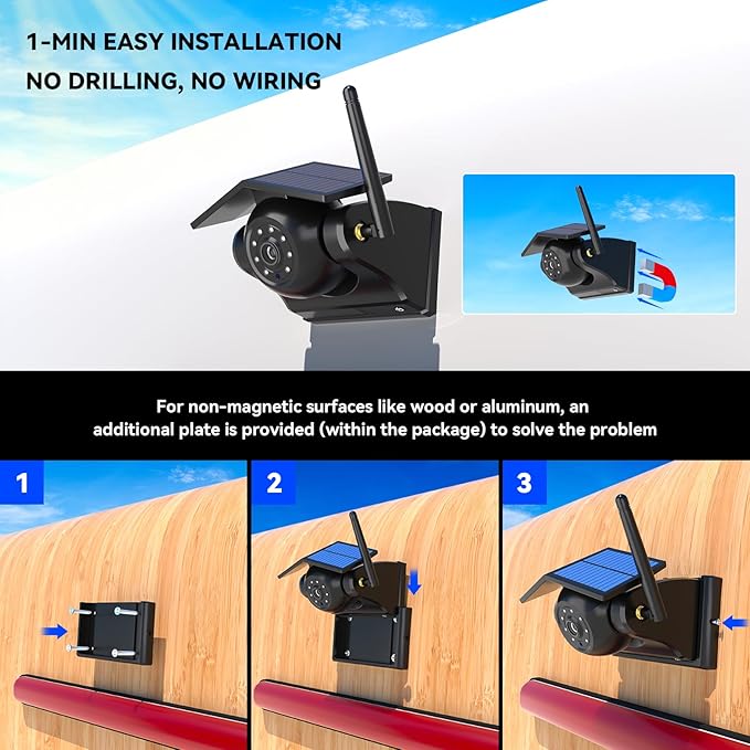 Magnetic Solar Wireless Backup Camera, 10000mAh Rechargeable Battery Powered Reversing Camera, 1-Min Easy Installation, App Control WiFi Backup Camera, for Trailer, RV, Truck, SUV, Van