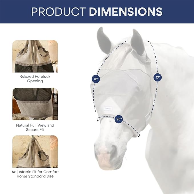 Horse Fly Mask Without Ears | 95% UV Eye Protection | Built-in Visor | Breathable, Lightweight Mask | Adjustable Fit for Horses Medium/Large Size
