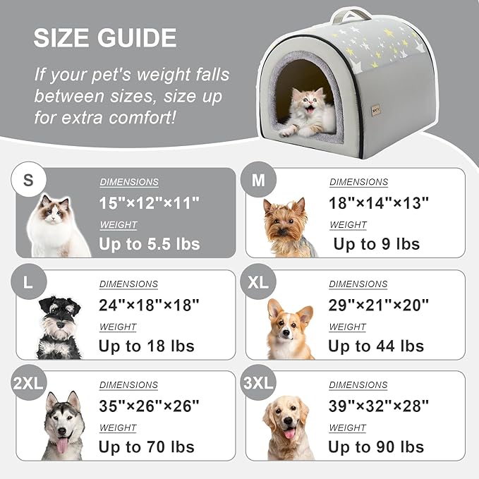Jiupety Cozy Small Pet Dog House, 2 in 1 Puppy House, S Size for Cat and Puppy, Warm Cave Sleeping Nest for Cats and Dogs, S(15"×12"×11"), Up to 5.5 Lb, Grey