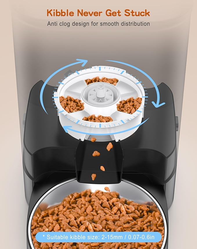HoneyGuaridan 3.5L Automatic Cat Feeder for Two Cats, Food Dispenser with Stainless Steel Bowl,Timed Cat Feeder Programmable 1-6 Meals Control, Dual Power Supply,10s Meal Call Black