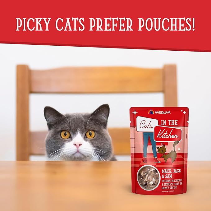 Weruva Cats in The Kitchen Mack, Jack & Sam with Mackerel, Skipjack & Salmon in Gravy Cat Food, 3oz Pouch (Pack of 12)