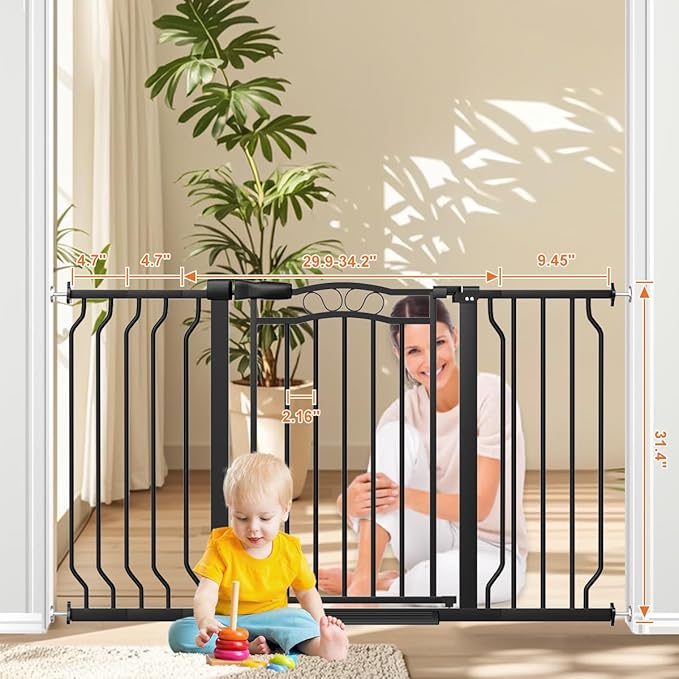 29.5-53.1" Extra Wide Baby Gate for Stairs No Drilling, 30" Tall Auto Close Press Mounted Baby Gate for Doorways, Adjustable Width Walk Through Dog Gates for Doorways, Black