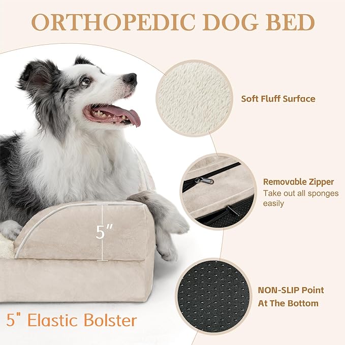 Comfort Expression Orthopedic Jumbo Dog Beds Waterproof, Extra Large Dog Beds Jumbo Breed, PV Washable Pet Sofa Couch with Removable Cover & Non-Slip Bottom(Beige)