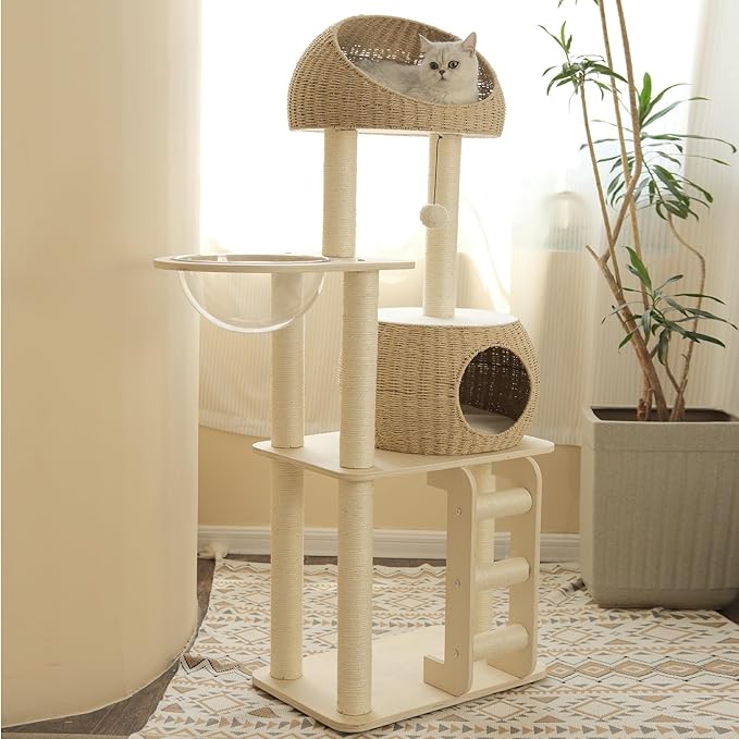 Rattan Cat Tree for Indoor Cats,Tall Cat Tree Tower with Cat Scratching Post,Wood Cat Tower for Indoor Cats,57.5 Inch Tall