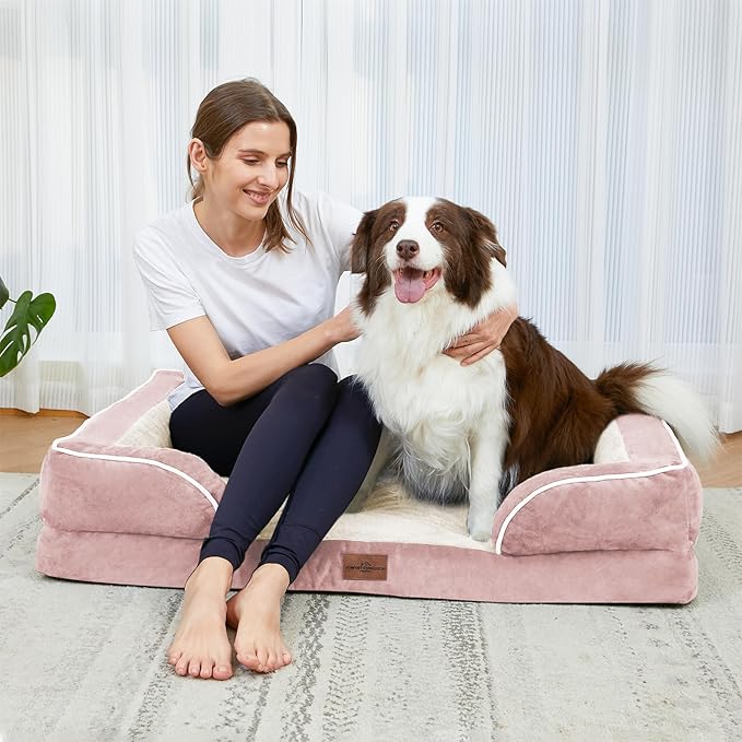 Comfort Expression Large Dog Beds Waterproof Orthopedic Foam Dog Sofa Beds Comfy Pet Bed with Washable Removable Cover & Non-Slip Bottom(Large,Pink)