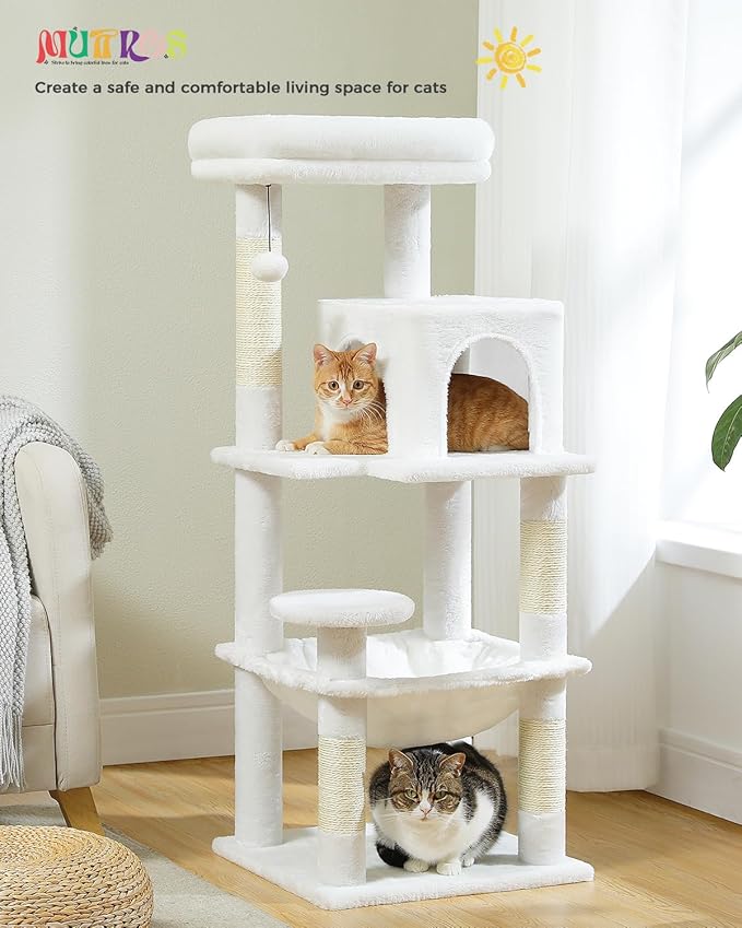 White Cat Tree for Indoor Cats, 45.7" Multi-Level Cat Tower with Large Metal Frame Hammock, Cat Condo with 4 Scratching Posts and Top Perch, White
