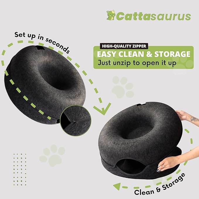 Cattasaurus Peekaboo Cat Cave, Extra Spacious for Multiple & Large Cats 12+ lbs, Scratch Detachable Beds for Indoor Cats, Washable Tunnel Bed, Comfy Cat Donut Tunnel (Dark Gray+Dark Gray, Jumbo)