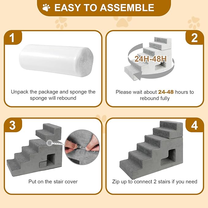 Dog Stairs for Small Dogs 27”H, 6-Step Dog Steps for High Bed, High-Density Foam Pet Stairs with Non-Slip Removable Washable Cover to Get on Bed(Grey)