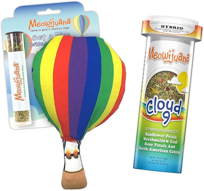 Meowijuana Get a Rise Bundle | Get a Rise Refillable Balloon Toy and Cloud 9 Catnip Blend | Promotes Play and Cat Health | Includes North American Organic Catnip