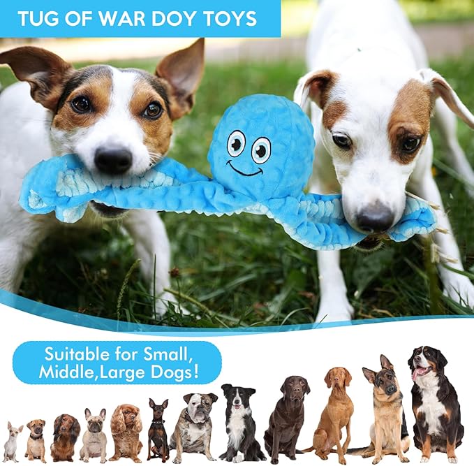 Squeaky Dog Toys Octopus Stuffed Crinkle Toy, Puppy Chew Toys for Teething, Durable Tug of War Interactive Plush Dog Toys for Puppies Small, Medium, and Large Dogs