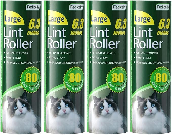 Fedicelly Large Lint Rollers Pet Hair Extra Sticky Refills,Mega Value Set 6.3 inches Wider with 320 Sheets for Cat and Dog Hair Removal,80 Sheets Per Roller (Pack of 4)