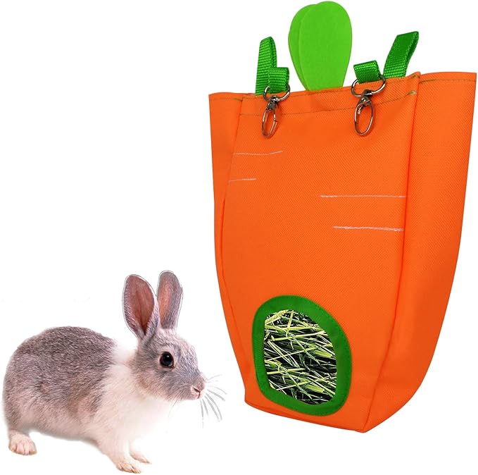 GKYZBB Rabbit Hay Feeder Bag for Cage Guinea Pig Timothy Hay Dispenser Storage Manger Hanging Large Less Waste for Bunny（Carrot）
