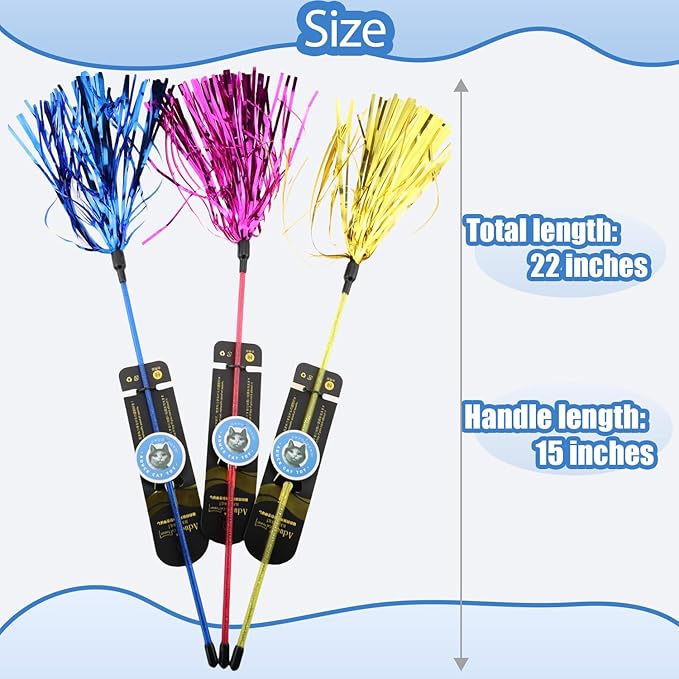 ADUCK Interactive Cat Teaser Wand Toy with Tassels - Durable Cat Chaser for Indoor Kitten Exercise, Boredom Relief & Training Play, Pack of 3 (Gold, Blue, Pink)