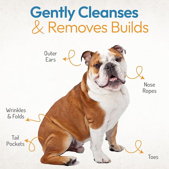 Bulldog Wrinkle Wipes for Dogs – Deodorizing & Soothing with Honeysuckle Extract – Non-Irritating, Cleans Wrinkles, Folds, Paws & Tail Pockets – for Bulldogs, Pugs & Frenchies (100 Count)