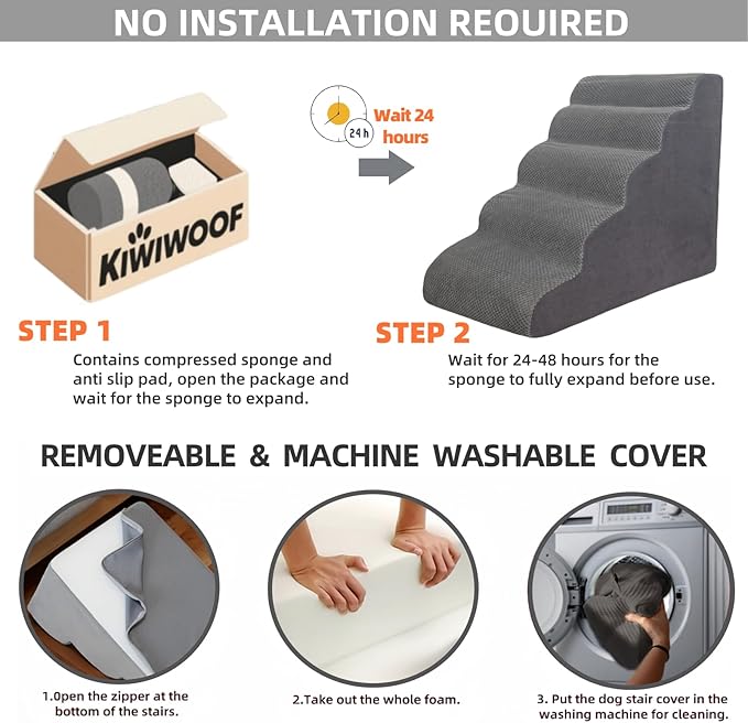 5 Step Pet Stairs Ramp for High Beds Sofas 5-30 Inch with Sturdy Non Slip Waterproof Pads, Machine Washable Cover Indoor Balanced Design for Cats Dogs Small Medium Large XL Pets Grey (Grey, Large, 1)