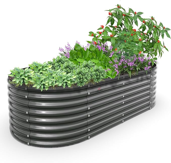 A ANLEOLIFE 8X4X2 ft Galvanized Raised Garden Beds Outdoor, Oval Large Metal Deep Root Planter Box for Planting Vegetables Flowers Herb, Anti-Rust & Easy-Setup, Quartz Grey