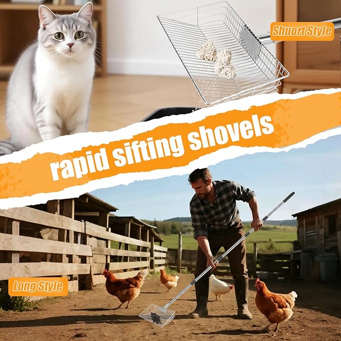 Chicken Poop Scooper with Stainless Steel Handle,24" to 68" Adjustable Length Chicken Coop Litter Scoop,4 in 1 Multifunctional Heavy Duty Litter Sifting Shovel Chicken Coop Accessories