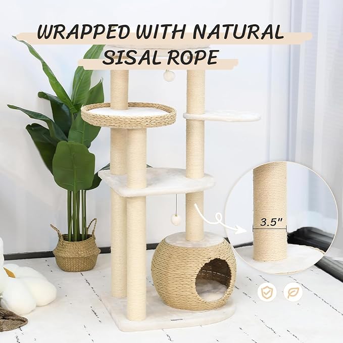 KAMABOKO Modern Cat Tree, 53" Cat Tower for Indoor Cats Natural Sisal Scratching Posts, Hand-Woven Condo & Top Perch, Cat Tree Tower for Kittens Climb Play & Rest