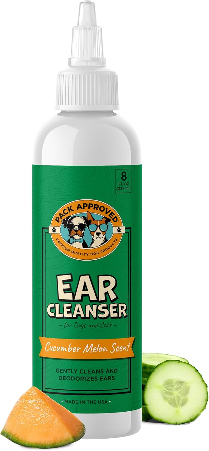 Cat & Dog Ear Cleaning Solution - Helps Remove Wax, Debris, and Dirt - Non-Stinging, Non-Burning Daily Use Formula - Cat & Dog Ear Wash for Itchy Ears - Cucumber Melon Scent (8oz)