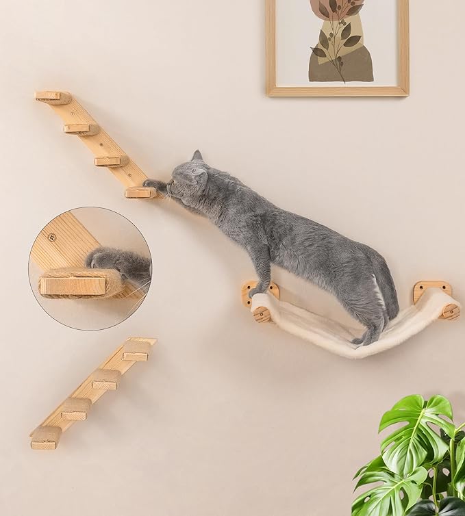 Cat Wall Shelves with 1 Floating Fabric Hammock, 2 Ladders with 4 Steps Each & 1 Flat Cat Shelf, Wall Mounted Bed Furniture & Climber, Indoor Playground