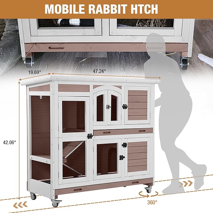 Rabbit Hutch Indoor Bunny Cage Outdoor with Casters, Guinea Pig Cage for Small Animals, Bunny Hutch with Two Plastic Trays 47inch
