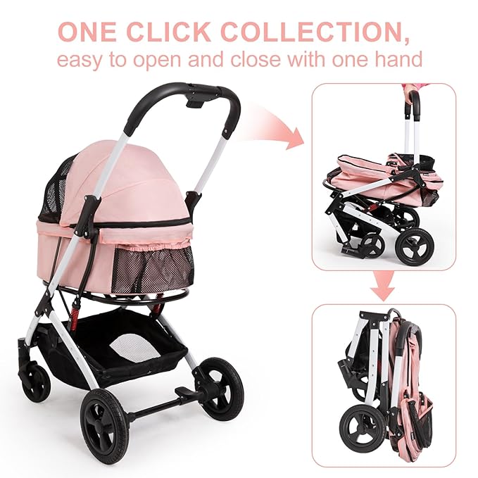 Pet Stroller for Medium Small Dog & Cat, Foldable Lightweight Dog Stroller with Storage Basket Pet Travel Carriage with Safety Leashes, 4 Wheel, Pink