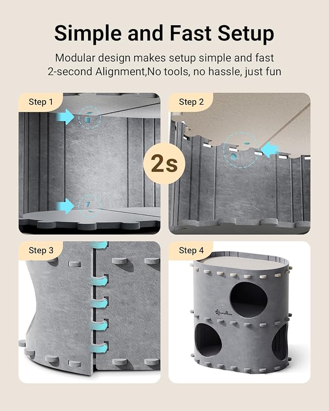 DownyPaws Cat House for Indoor Cats, 2-Storey Foldable Cat Bed Cave, Felt Cats Tunnel Bed Condo, Castle Kitten Cube Hideaway for Multicats, Scratch Resistant, Light Gray
