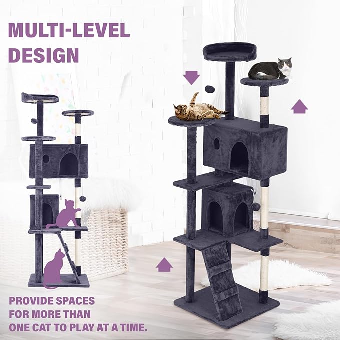 70 Inches Cat Tower for Indoor Cats, Multi-Level Cat Condos with Scratching Posts, Hanging Toys, Ashy