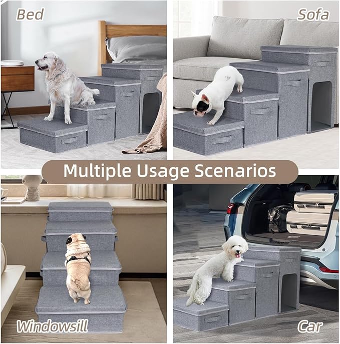 Dog Stairs with Storage, Folding Pet Steps with Zip for Small Dogs and Cats, 4-Step Pet Stairs with Pet House for High Bed, Couch and Car Ramp (Gray, 4 Steps with Condo)