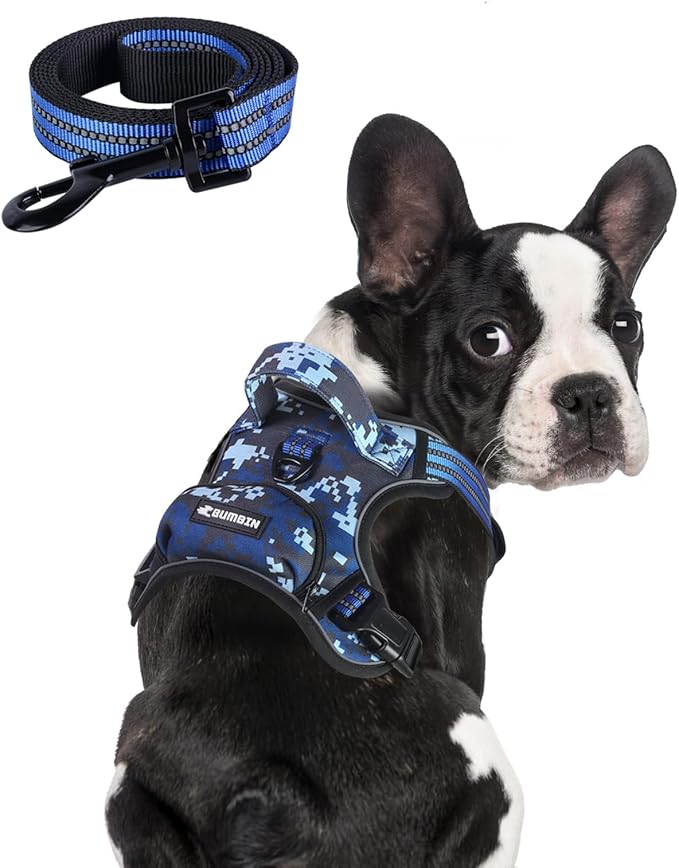 BUMBIN Dog Harness for Large Dogs, No Pull Adjustable No Choke Pet Vest with Dog Leash Fit Smart Reflective Pet Walking Harness for Training Easy Control Soft Handle Blue Camo M