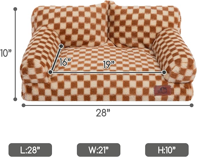 Hollypet Fluffy Plush Dog Cat Pet Couch Soft Calming Sofa Bed for Medium Small Cats and Dogs, Brown and Light Yellow