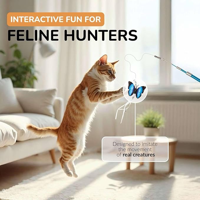 PAWSITIVE Interactive Cat Toys - Retractable Feather Wand with Refill Set 12PCS - Perfect for Indoor Cats to Chase, Exercise & Bond with Their Owners