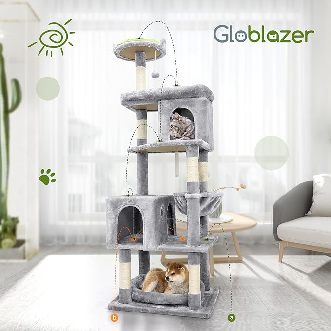 Globlazer Heavy Duty Cat Trees for Large Cats, Sturdy 72in Maine Coon Cat Tree for Large Cats 20 lbs+ Heavy Duty Cat Tower for Adult Biggest Cat with 6 Scratching Posts, Hammock, S72, Light Grey