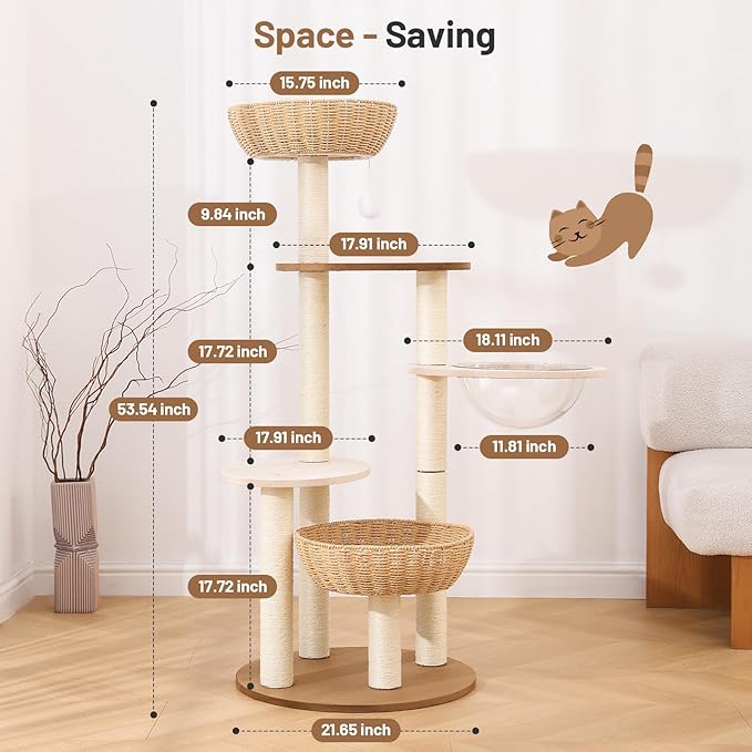 Rattan Cat Climbing Tower Condo with Scratching Post,Capsule,Basket,and Bed Modern Heavy Duty Cat Tree for Indoor Cat Large Adult