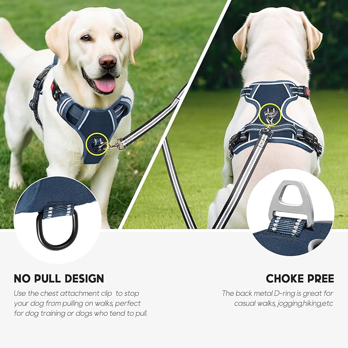 Timos Dog Harness Medium Sized, No Pull Pet Harness with Neck Lockable Snap,No Choke Front Clip Dog Reflective Vest,Adjustable Metal Rings 3 Buckles,Easy Control Handle for Medium Dogs Royal Blue M
