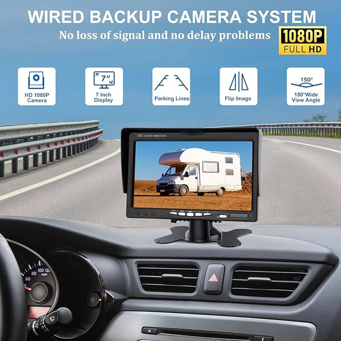 Kairiyard 7 Inch HD 1080P Backup Camera, 2 Channel, DIY Grid Lines 150° Wide Angle Reverse Rear View Camera Wired Back up Camera System for Truck RV Car Trailer Camper Tractor