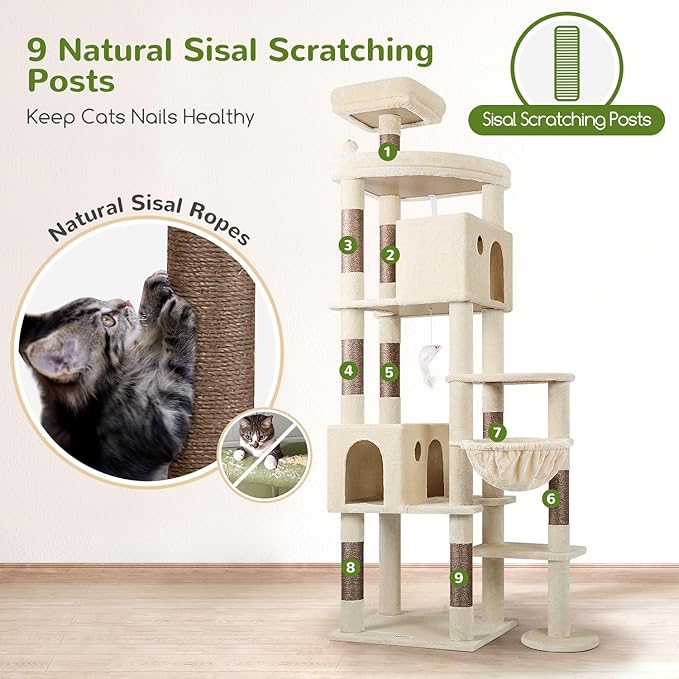 Globlazer Giant Cat Tree, 83 inch Cat Tree for Indoor Cats Large Adult, XXL Cat Tower with 9 Scratching Posts for 20lb+ Heavy Duty Large Adult Cats, F83, Beige