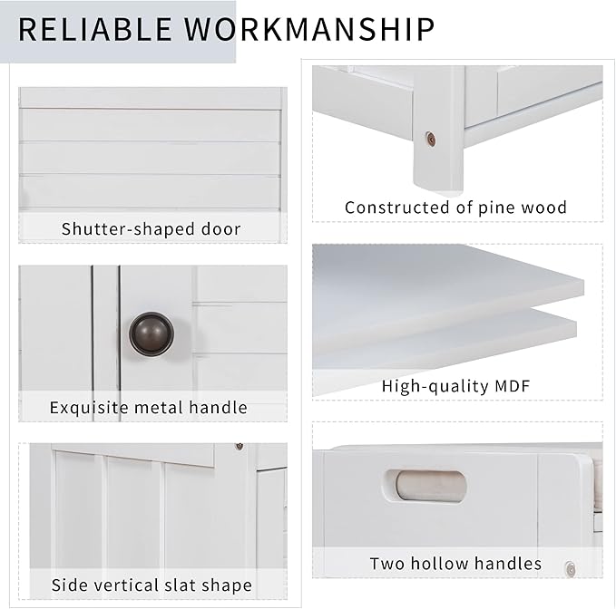 Storage Bench with 3 Shutter-Shaped Doors, Pine Wood Shoe Bench with Removable Cushion and Hidden Storage Space for Living Room, Entryway 43.5" L x 16" W x 18" H (White)