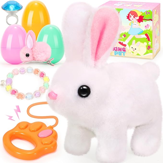 Hopping Plush Bunny Easter Interactive Toys for Kids,Can Wagging Tail and Twitching Nose with Remote Control Leash,Easter Eggs and Decorations,Easter Christmas Birthday Gift for Toddlers