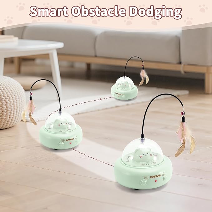 Automatic Cat Toys with Feathers, Interactive Cat Toy for Indoor Exercise, Rechargeable Teasing Toys for Indoor Cats, USB Powered, Smart Standby&Obstacle Avoidance(Green)