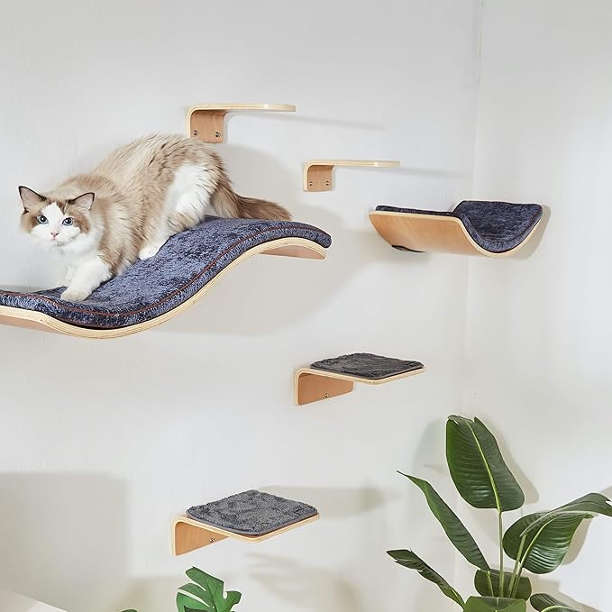 Cat Wall Shelf with Two Steps - Curved Cat Shelves and Perches for Wall (Large Size) - Wall Mounted Cats Furniture for Sleeping, Playing, Climbing, and Lounging