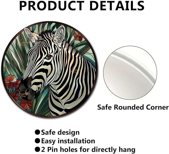 Lygond Metal Sign Tin Sign Circular Stained Glass Zebra Funny Bathroom Wall Decor for Gift 8×8 Inches
