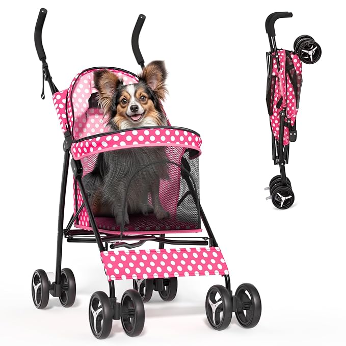 Magshion Compact Pet Stroller for Small-Medium Dogs/Cats up to 22lbs, 4-Wheel Lightweight Umbrella Shaped Portable Puppy Travel Jogger with Breathable Mesh & Rear Storage, Pink Polka Dots