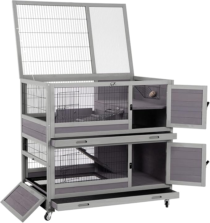 Rabbit Hutch Indoor Outdoor Bunny Hutch Pull Out Tray Guinea Pig Cage with Bottom Wire-Netting, On Wheels (Gery) 39.4" L x 24.6" W x 39" H