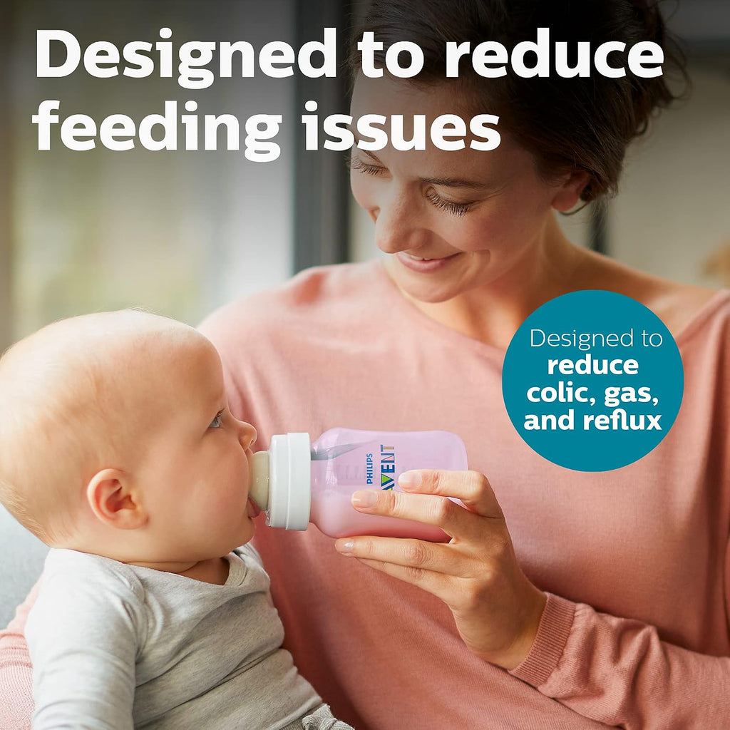Philips Avent Anti-Colic Baby Bottle with AirFree Vent, Medium Flow 2 Nipple, 1m+, 9oz, 4 Pack, Pink, SCY703/14