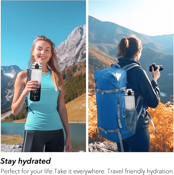 32oz Motivational Water Bottles with Time Marker & Fruit Strainer, Transparent Gradient Color Water Bottle with Times to Drink, Leakproof & BPA Free, Reusable Bottle with Strap (No Straw)