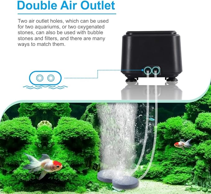 hygger Small Quietest Aquarium Air Pump, Adjustable Oxygen Pump 2 Air Outlets Ultra Silent Powerful Aerator Pump 160GPH 5W